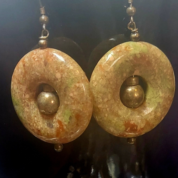 Vintage Green & Brown Nephrite Disc Hoop Earrings with 925 Sterling Silver Beads - Picture 5 of 6